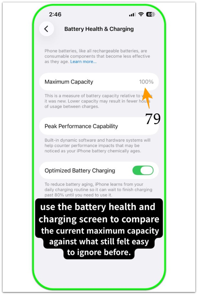 iphone battery health and charging screen showing maximum capacity section and battery status layout