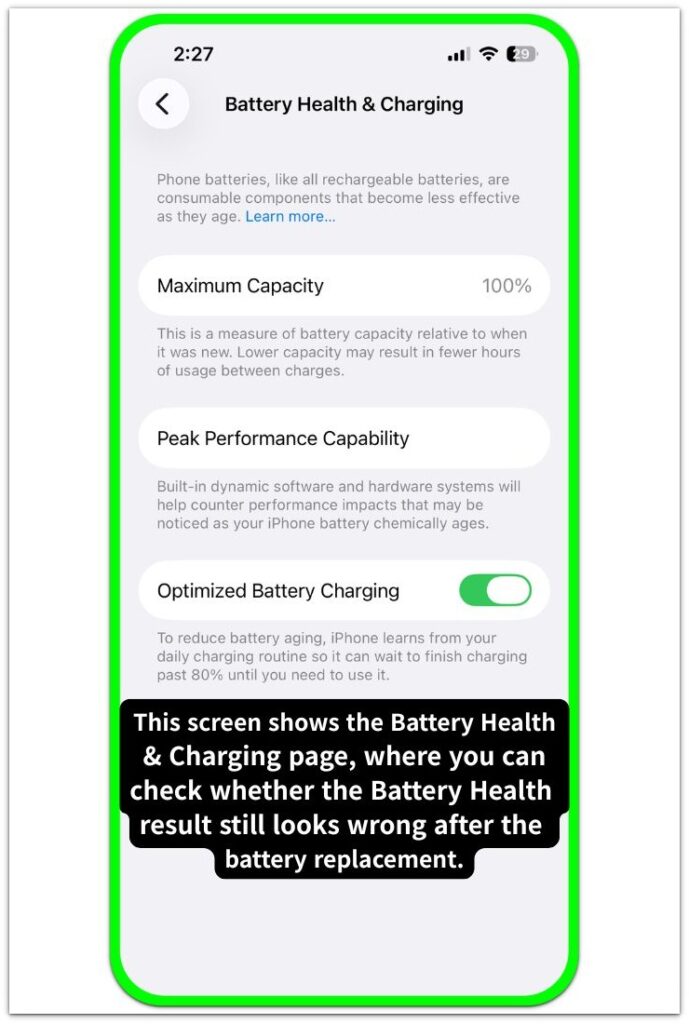 iphone battery health and charging screen showing maximum capacity after battery replacement