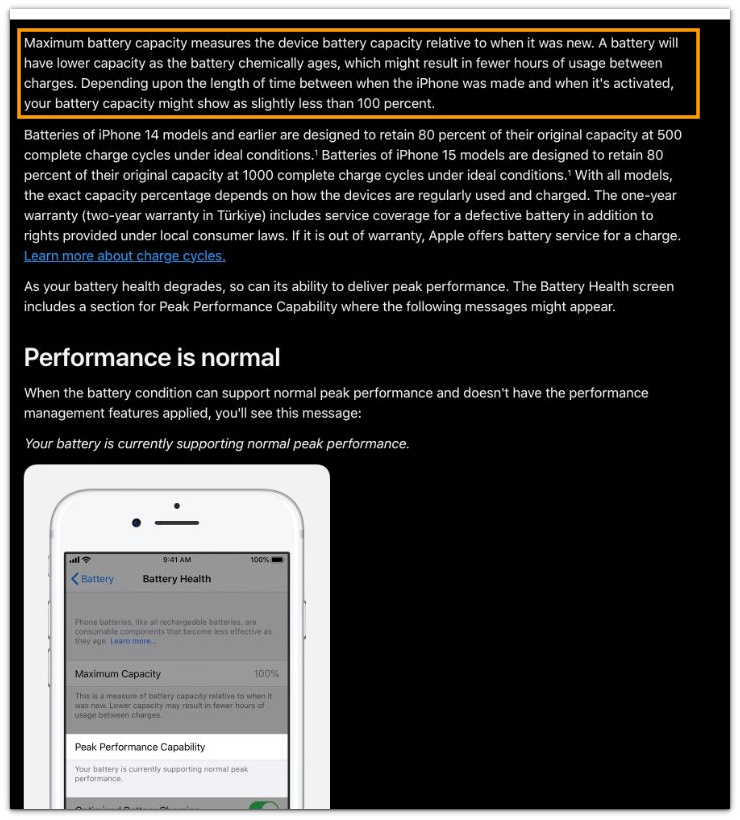 iphone battery health official support screenshot showing maximum battery capacity and fewer hours of use between charges