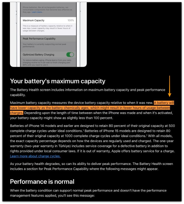 iphone battery health screen showing maximum capacity text about fewer hours of usage between charges
