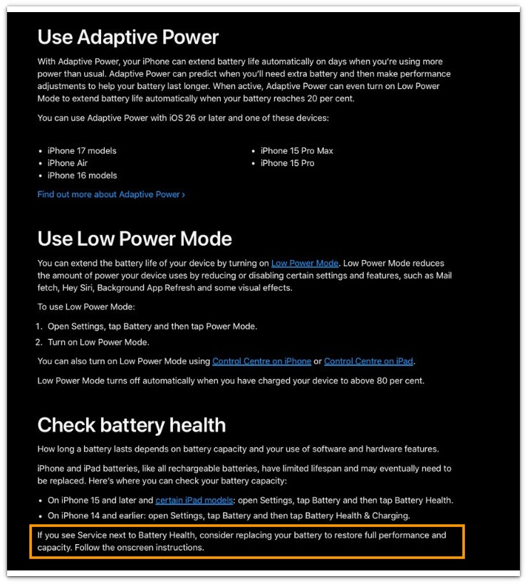 iphone battery health service message and battery replacement guidance on the official apple support page