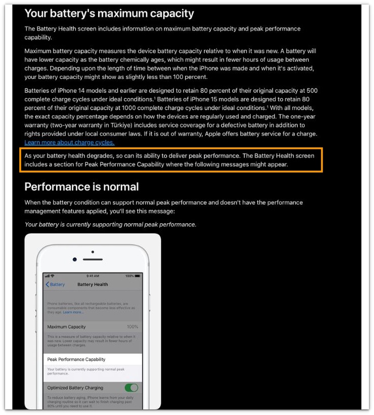 iphone battery health official apple support screenshot showing peak performance capability message area