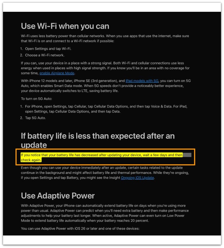apple support page showing the update battery life guidance highlighted on iphone