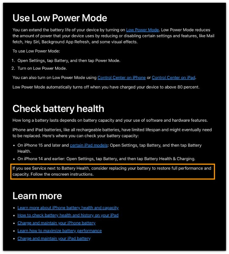 iphone battery health says service official apple support page showing the battery health service replacement message