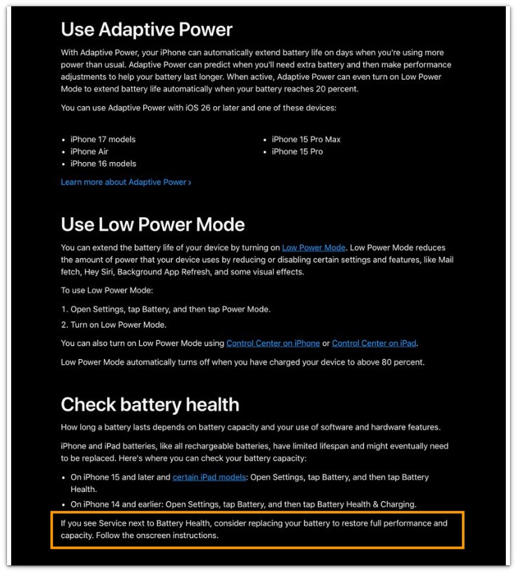 apple support page showing the battery health section with battery replacement guidance