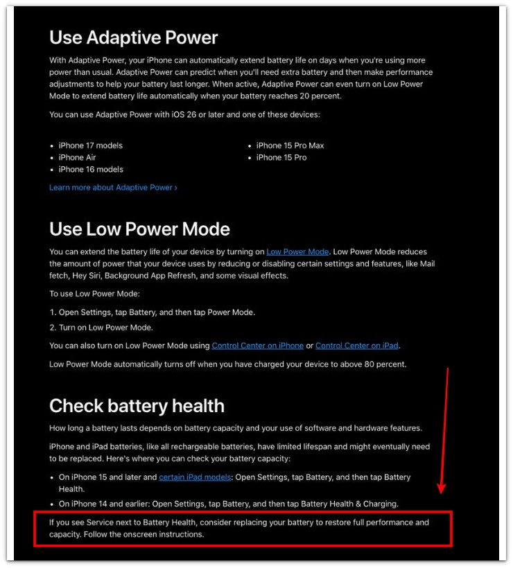 iphone battery health service message on apple support page