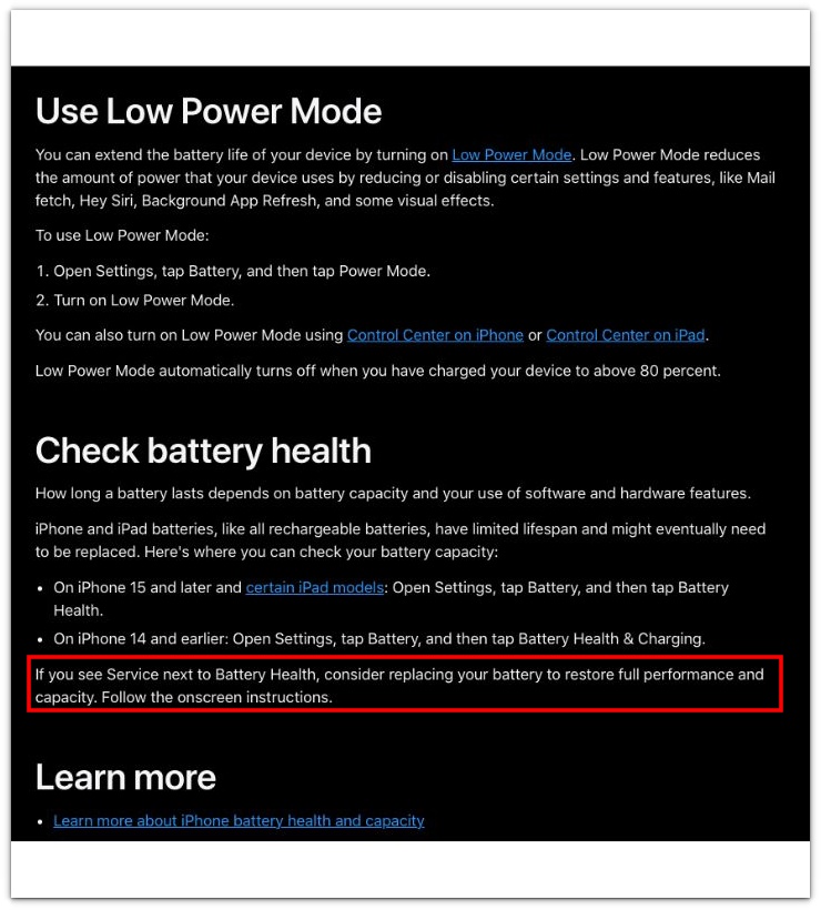 iphone battery health service message on apple support page