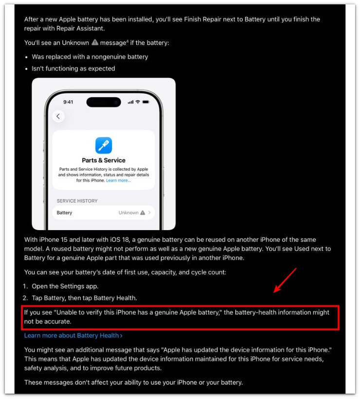 apple support page explaining that battery health information might not be accurate after battery replacement if iphone cannot verify the battery