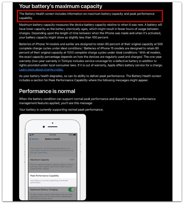 official apple battery health screen showing maximum capacity and peak performance capability together