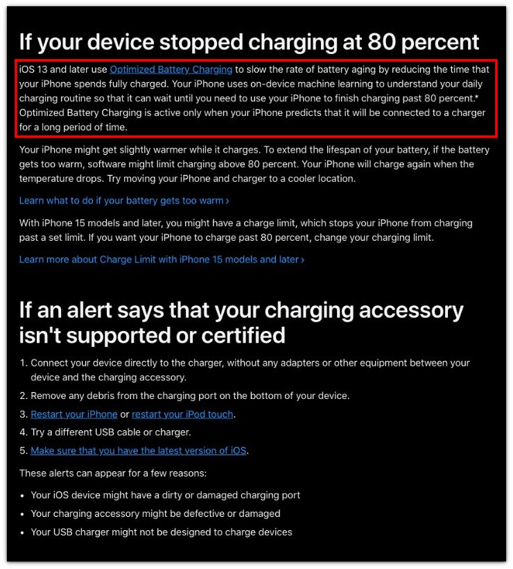 apple support screenshot showing iphone charging slow after 80 percent explanation
