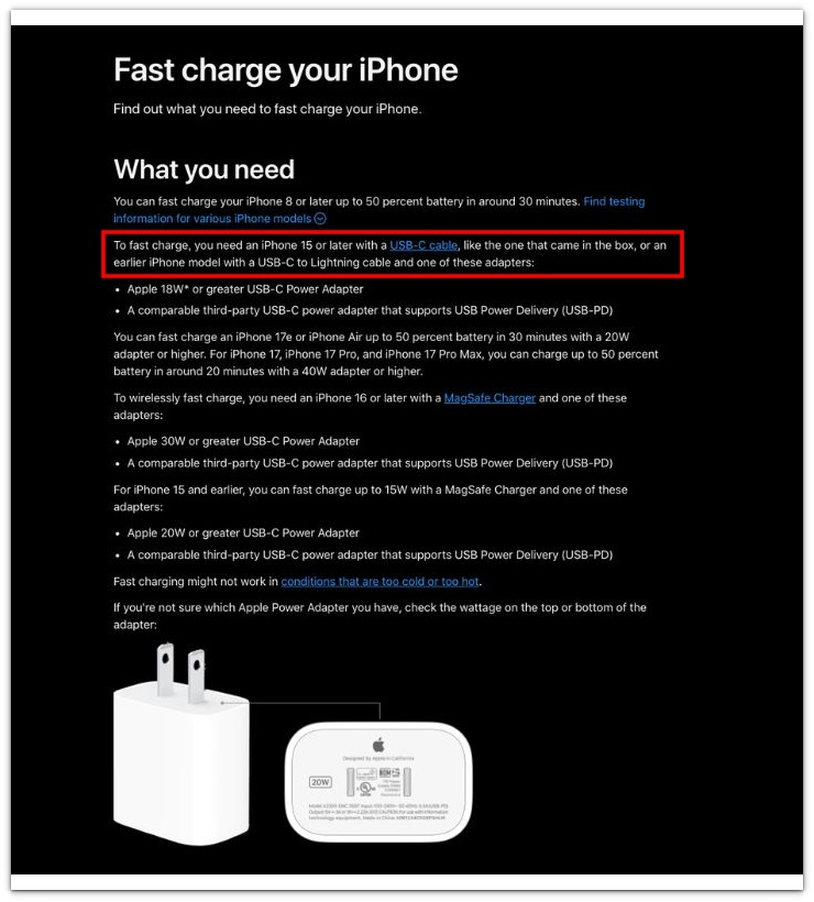 apple fast charge support page showing iphone cable and power adapter requirements for faster charging