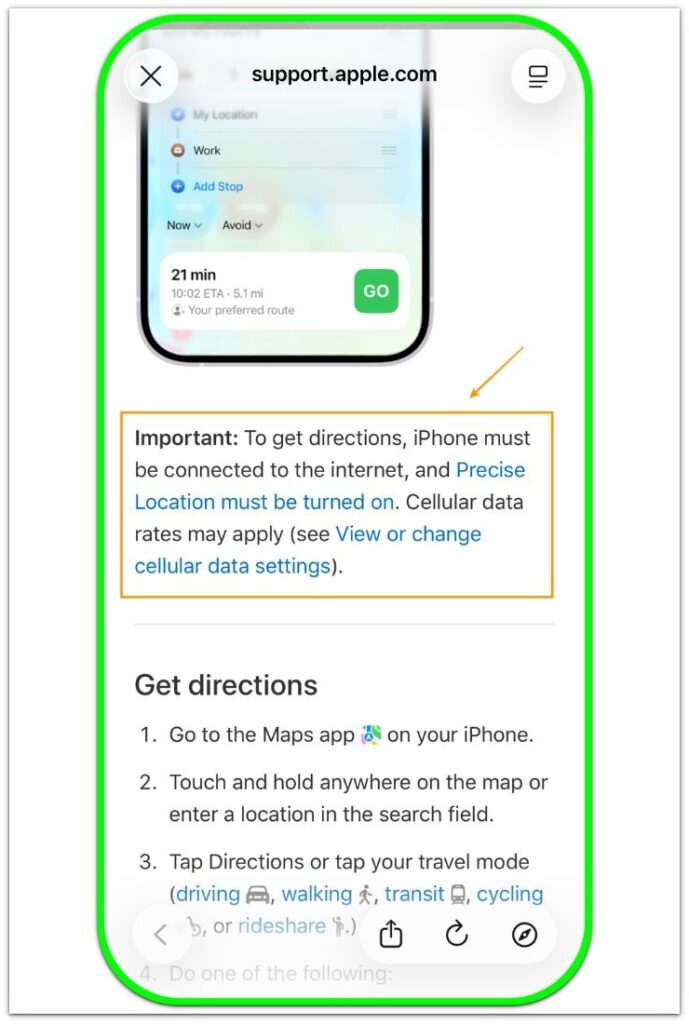 apple support maps directions requirement screen with precise location text