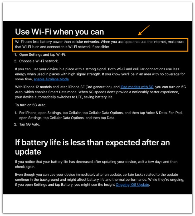 apple support wifi uses less battery than cellular on iphone