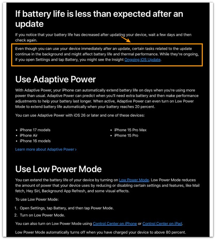 apple battery settings screenshot showing update tasks can continue in the background