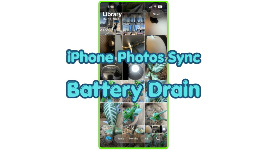 iphone photos sync battery drain thumbnail showing photos library and battery drain warning concept