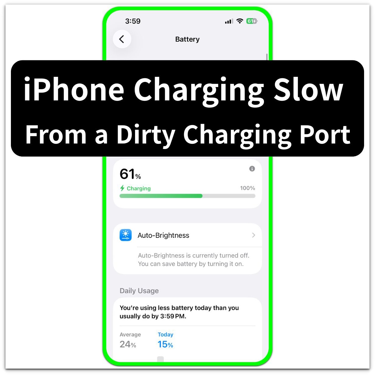 iphone charging slow from a dirty charging port battery screen showing charging