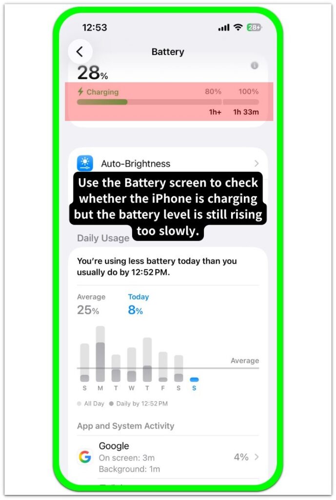iphone battery screen showing slow wireless charging check
