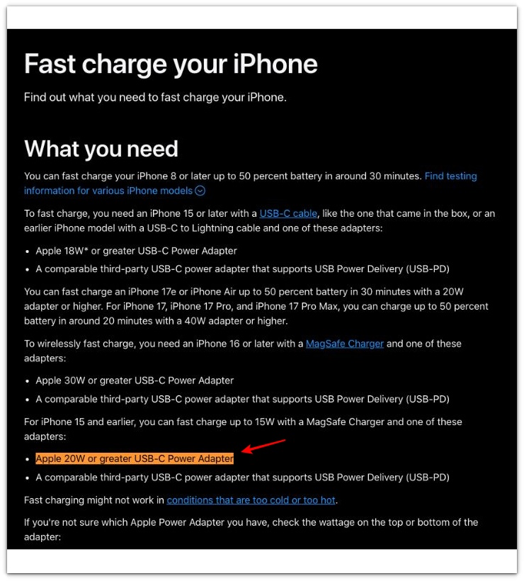 apple fast charge iphone 20w usb-c power adapter requirement