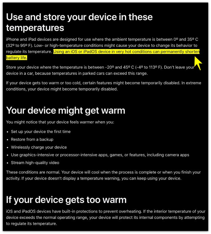 apple support explains why iphone battery gets hot in very hot conditions