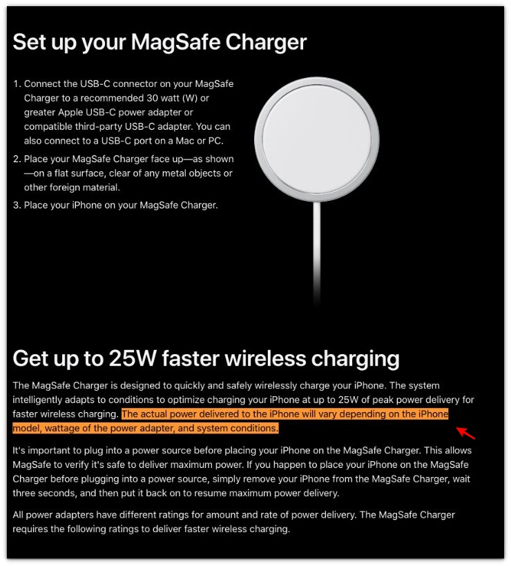 apple magsafe charger guide showing adapter wattage and system conditions for slow charging