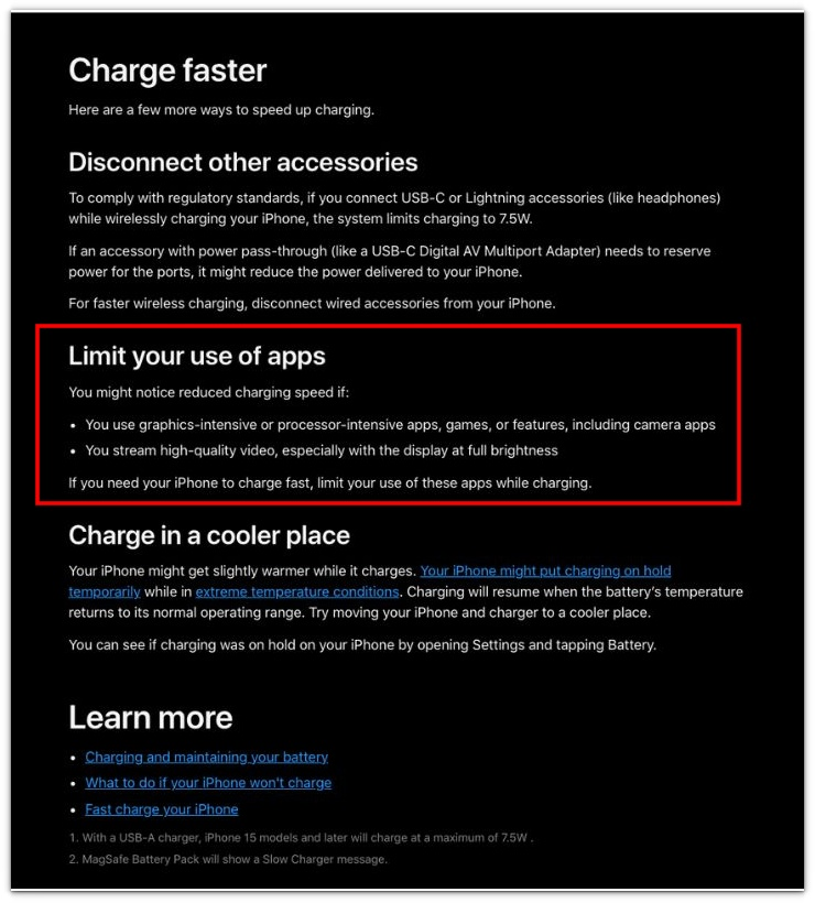 apple official guide showing reduced charging speed from heavy app use while charging.