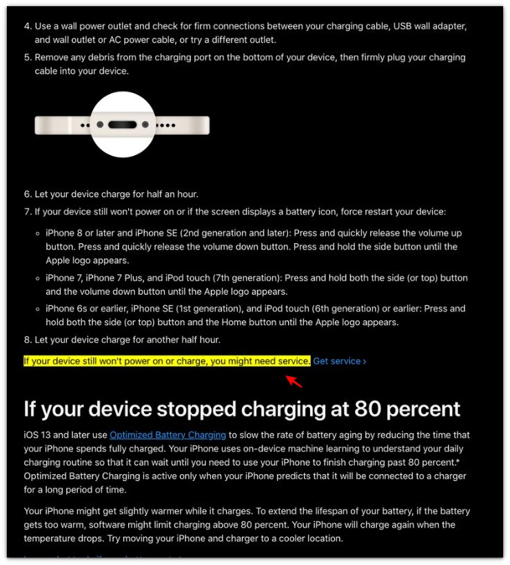 apple support message about iphone still not charging